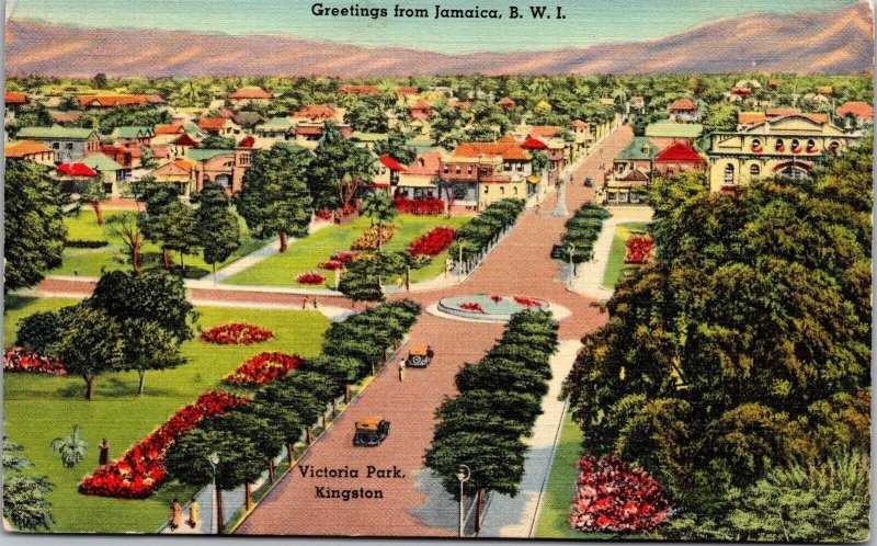 Vtg Kingston Jamaica Victoria Park Public Gardens 1940s Linen Postcard