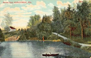 MANITOWOC WISCONSIN WI~RAVINE PARK-BOAT ON LAKE~1908 POSTCARD