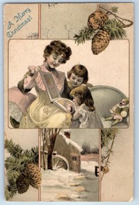 1906 Christmas Mother And Children Reading Book Pinecone Interlake MA Postcard