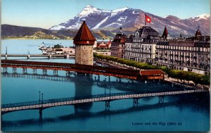 Vtg Lake Lucerne and Mount Rigi Swiss Alps Old Town Switzerland Postcard