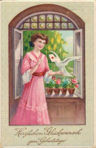 Pretty Girl With A Pigeon Vintage Postcard 08.01