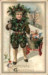 Christmas Holly Elf Boy Toy Sled Red Cross Stamp Back WINSCH Vintage Postcard