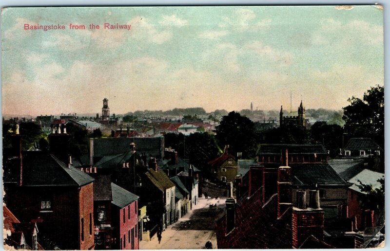 c1910s Basingstoke, England Birds Eye from Railway Litho Photo Postcard Shop A76