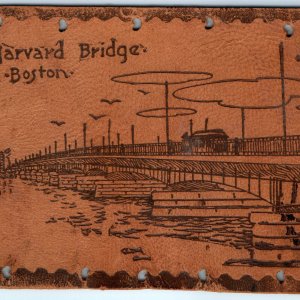 c1900s Harvard Bridge Boston MA Leather Postcard Novelty Streetcar Vtg A26