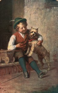 Vintage Postcard Little Boy Cuddling with His Dog Animal Lover Cute Pet