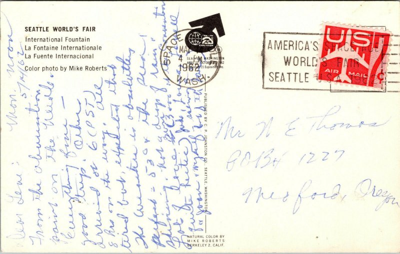 Vtg 1962 Seattle World's Fair International Fountain Washington WA Postcard