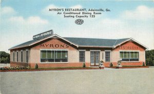 Postcard Georgia Adairsville Myron's Restaurant Roadside Kropp 23-2702