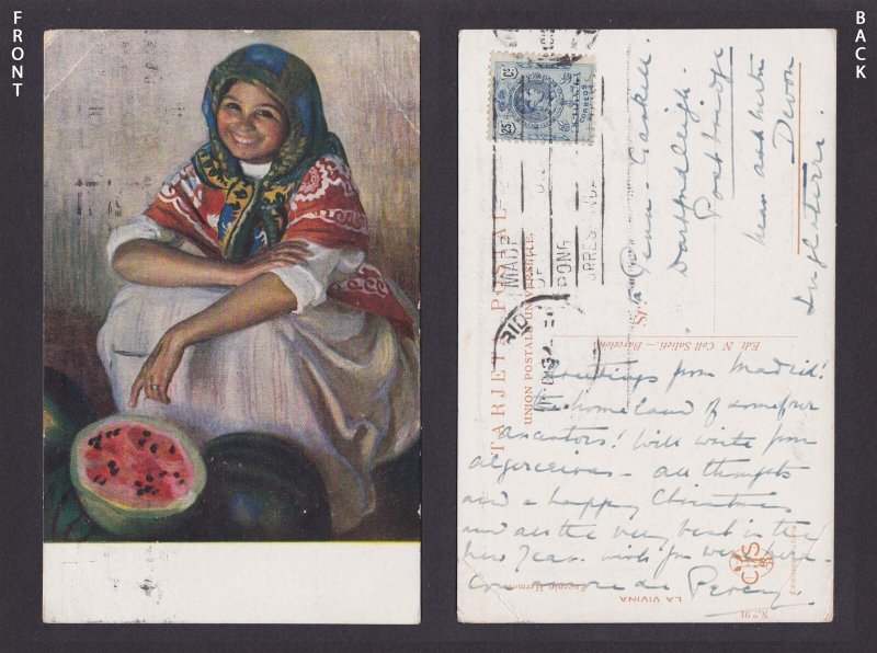 Vintage postcard, National costume, Spain, The girl with watermelon