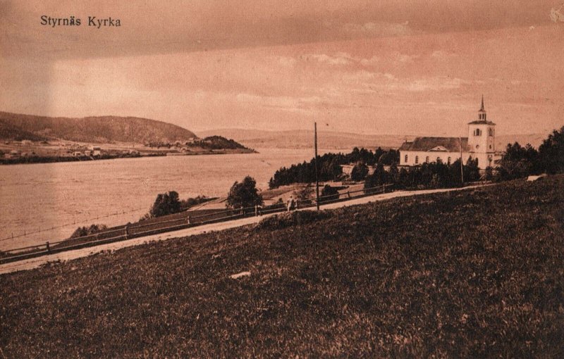 VINTAGE POSTCARD THE CHURCH AT STYRNAS SWEDEN SEA AND MOUNTAIN VIEW c. 1920