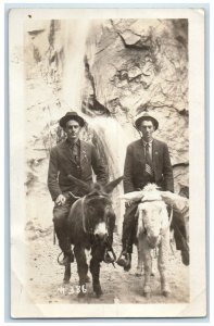Seven Falls Borrows Colorado Springs CO Man Riding Mule RPPC Photo Postcard