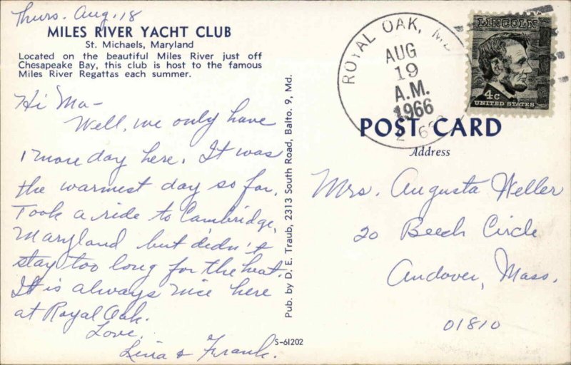 St Michaels Maryland MD Miles River Yacht Club Vintage Postcard