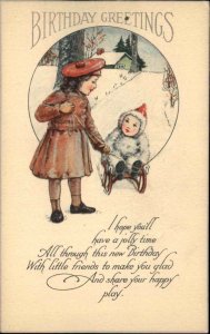 Birthday Big Sister Little Brother Sledding Poem Rhyme Vintage Postcard