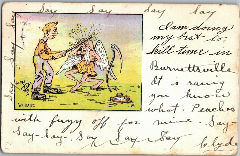 Doing My Best to Kill Time Man Beats Father Time c1906 Vintage Postcard A32