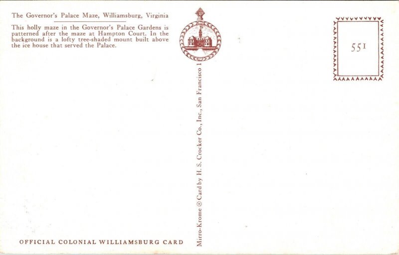 Governors Palace Maze Williamsburg Virginia VA Postcard Mirro VTG UNP Vintage 