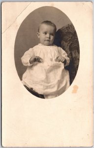 Infant Baby Child Photograph White Dress Sitting on Chair Christening Postcard