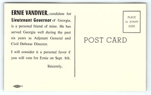 1954 ERNEST VANDIVER GEORGIA GOVENOR LT. GOV RACE AD CAMPAIGN POSTCARD 46-30