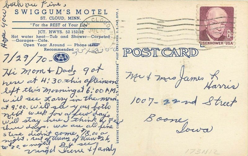 LInen Roadside Postcard; Swiggum's Motel, St. Cloud MN Curt Teich