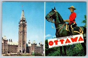 Peace Tower, RCMP Mounted Police, Ottawa, Ontario, 1959 Split View Postcard