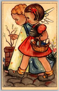 Vtg Netherlands Artist Signed Schouten Cherub Angel Dutch Girls Art Postcard