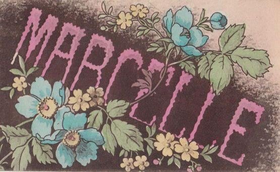 A Girls Named Called MARCELLE Name Written in Flowers Antique Postcard