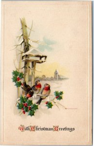 postcard With Christmas Greetings - birds and holly