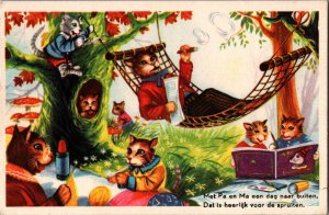 Anthropomorphic Cats Kittens Chilling Outside Vintage Postcard C003