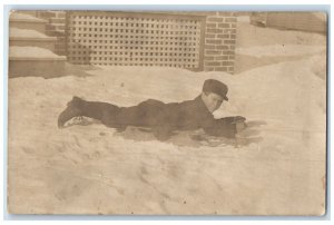 c1910's Little Boy Sledding Playing In Snow Winter Antique RPPC Photo Postcard