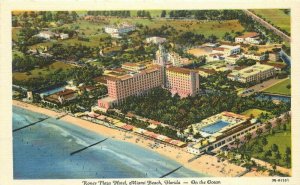 Birdseye Roney Plaza Hotel Miami Beach Florida Postcard Teich linen 20-8264