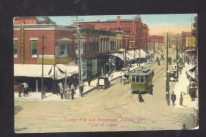 AURORA ILLINOIS DOWNTOWN BROADWAY STREET SCENE TROLLEY VINTAGE POSTCARD