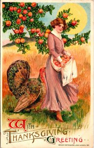 Vintage Winsch Schmucker Girl, Turkey & Fruit Basket  Thanksgiving Postcard