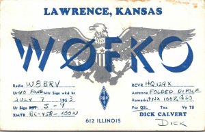 VINTAGE POSTCARD HAM RADIO CALLING CARD W0FKO FROM LAWRENCE KANSAS 1953