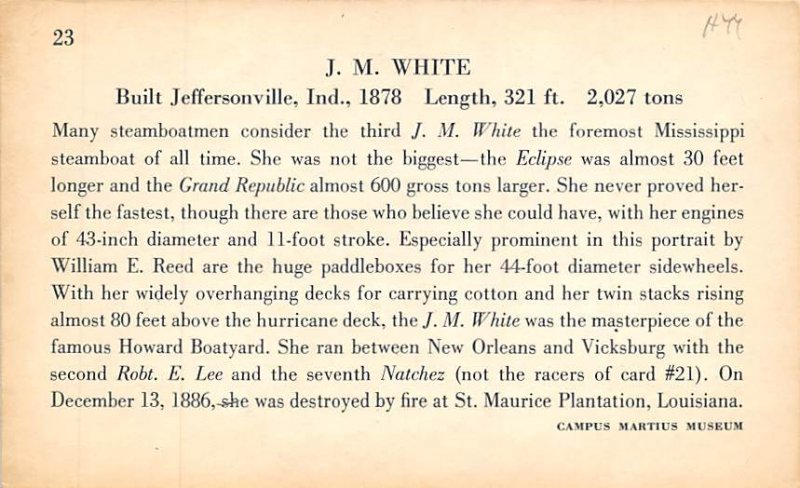 J M white River Steamship Non  Backing Ferry Boat Ship 