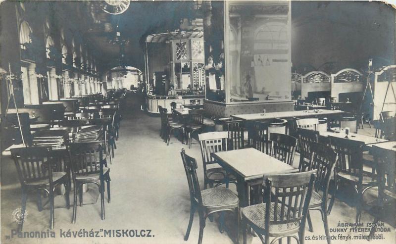 Panonnia kavehaz MISKOLCZ Hungary coffee house interior Abraham Istvan RPPC