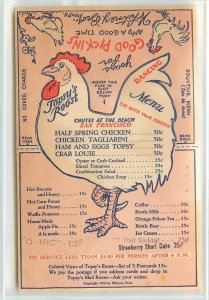 Topsy's Roost 1930 Folding Chicken Menu Card, San Francisco Chutes at the Beach