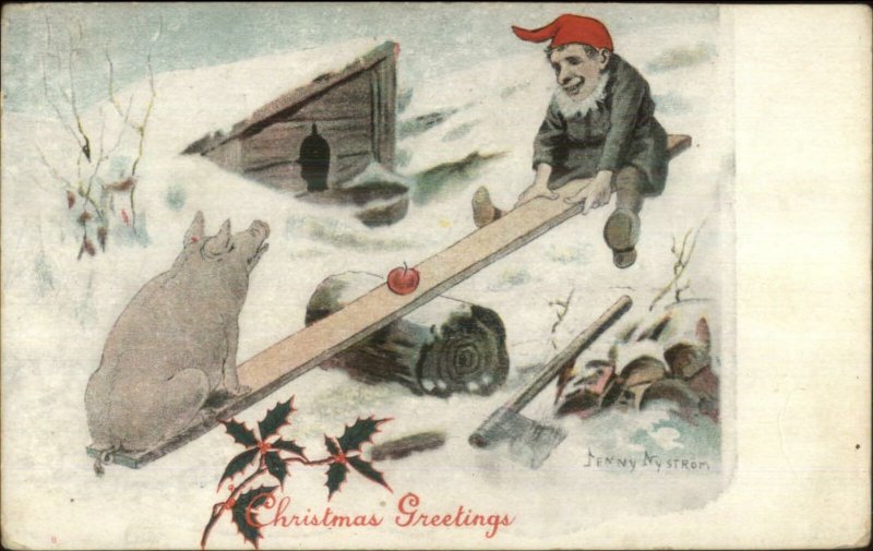 Christmas Fantasy Gnome Elf & Pig on See-Saw c1905 Jenny Nystrom Postcard