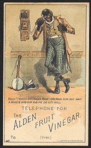 VICTORIAN TRADE CARD Alden Fruit Vinegar Black Man on Telephone Golly ... c1883