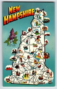 Postcard Greetings From New Hampshire Map Chrome State Flower Purple Lilac