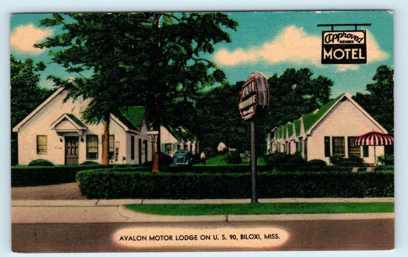 BILOXI, MS Mississippi ~ AVALON MOTOR LODGE c1940s Car Roadside Linen  Postcard