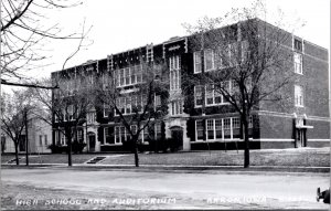 Real Photo Postcard High School and Auditorium in Akron, Iowa