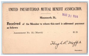 1904 Assessment No. 55 United Presbyterian Mutual Assoc Monmouth IL Postal Card 