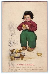 1917 Happy Easter Dutch Boy Chicks Drinking Water Hartford CT Antique Postcard 
