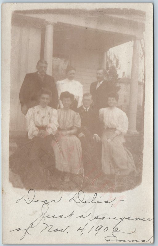 Nov. 4, 1906 UDB Family Group Outdoors RPPC Big Rapids, MI House Real Photo A199