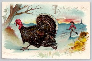 Thanksgiving Greetings Farmer Chasing Turkey Tuck Postcard S26