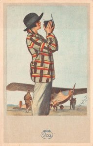 ITALY WOMAN ICA CAMERA AIRPLANE AVIATION ARTIST SIGNED ADVERTISNG POSTCARD 1925