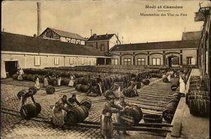 Moet & Chandon France Champagne Winery Workers Move Casks...