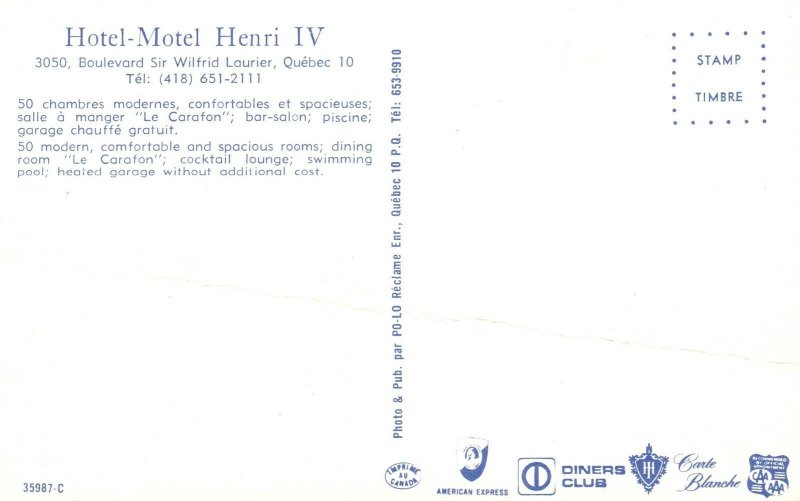 Vintage Postcard View of Hotel Motel Henri IV Blvd. Laurier Quebec Canada CAN