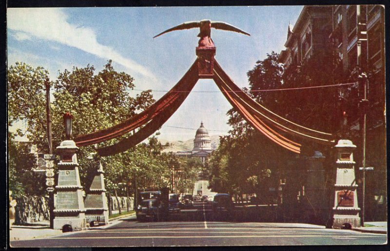 Utah ~ Eagle Gate SALT LAKE CITY Brigham Young entrance Chrome 1950s-1970s