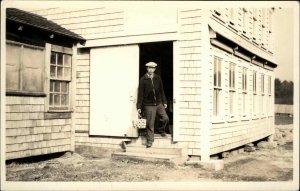 Farmer in Glasses Gathers Eggs Chicken Farm c1910 REAL PHOTO RPPC Postcard