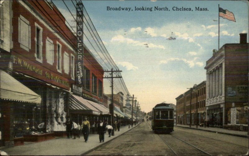 Chelsea MA Broadway Trolley FW Woolworth Store c1910 Postcard