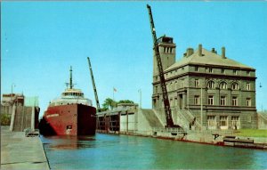 Freighter Downward Bound, MacArthur Lock Sault Ste Marie MI Vintage Postcard L75